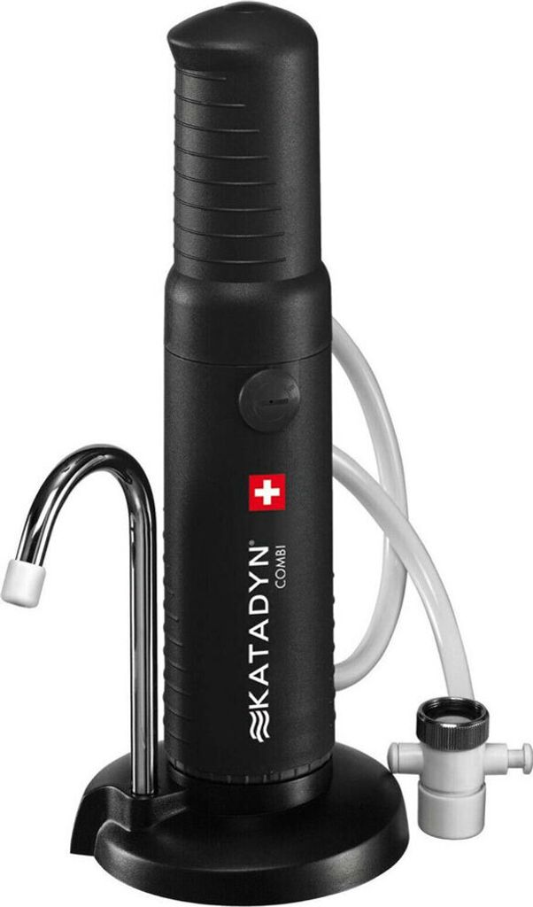 A black Katadyn Combi water filter with a silver spout and a white tube.