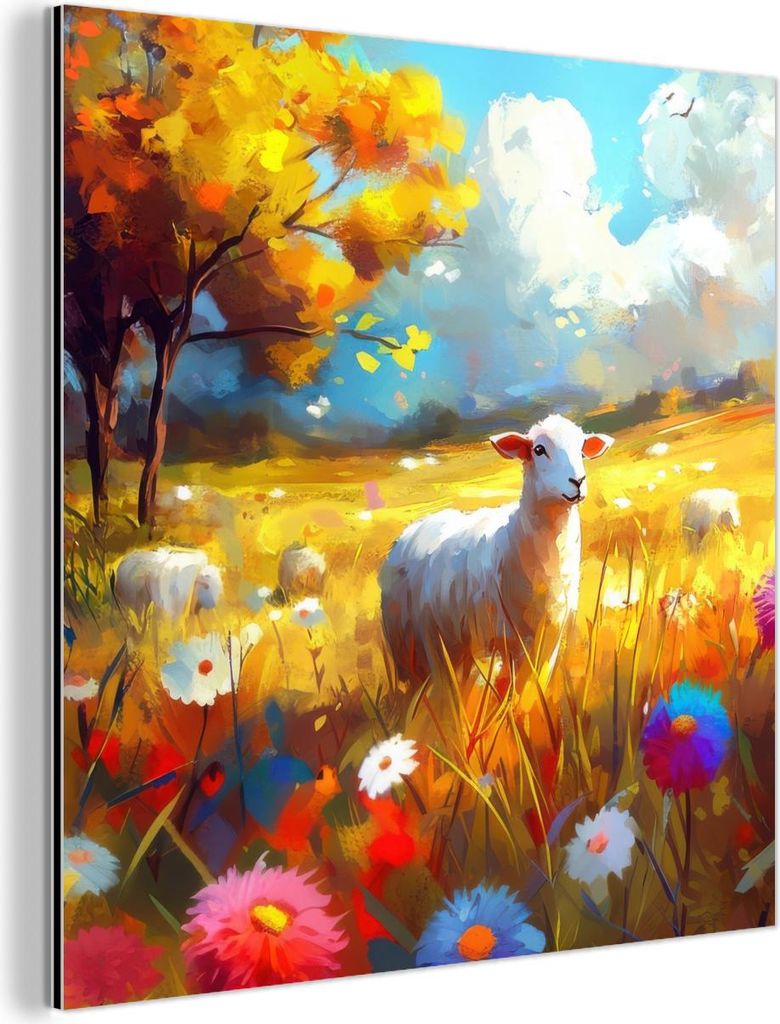 MuchoWow Wanddekoration Metall Metallbild Wandkunst 20x20 cm Schafe - Wiese - Blumen MuchoWow Aluminium Gemälde - Alu Dibond Bilder