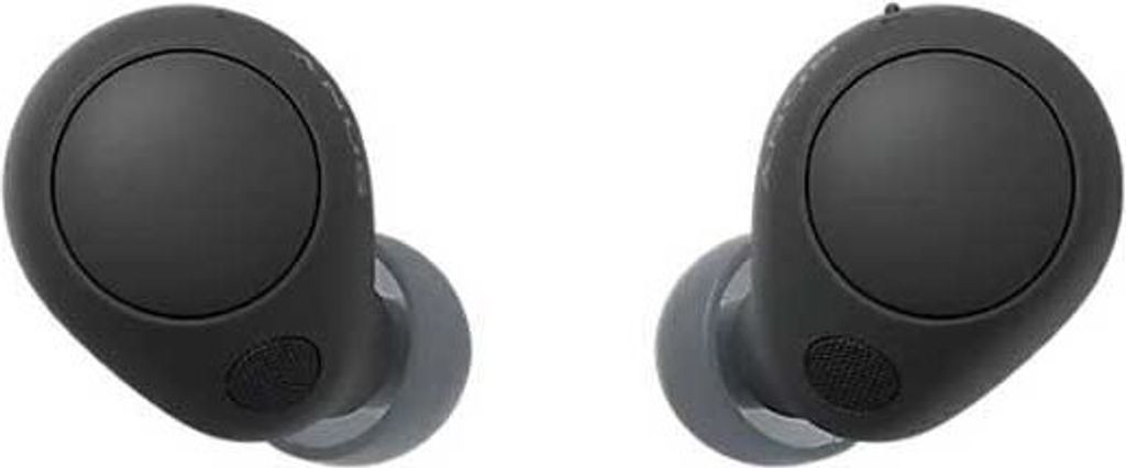 A pair of black wireless earbuds is shown against a white background.