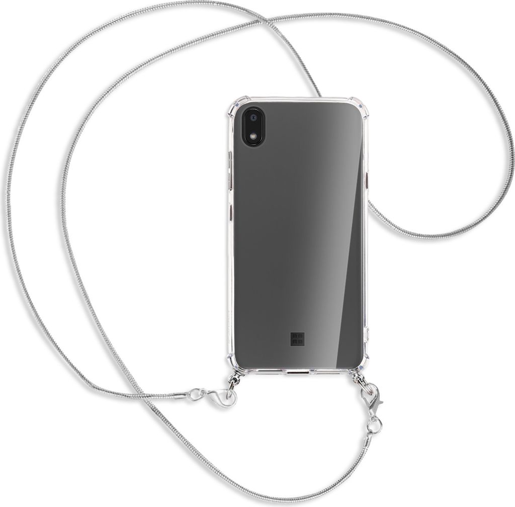 Handykette Backcover-Schutzhülle mit Band (Metall silberfarben) für LG K20 / K20 2019 - silberfarbene Kette Snake