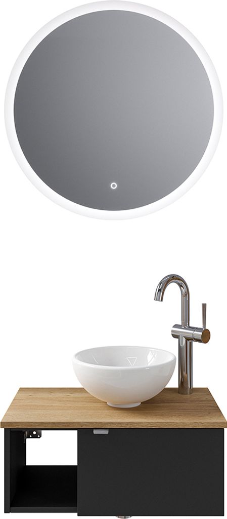 Badmöbel Set 2-teilig mit 60 cm Waschtisch, Türanschlag rechts in schwarz matt mit Eiche AMADORA-66