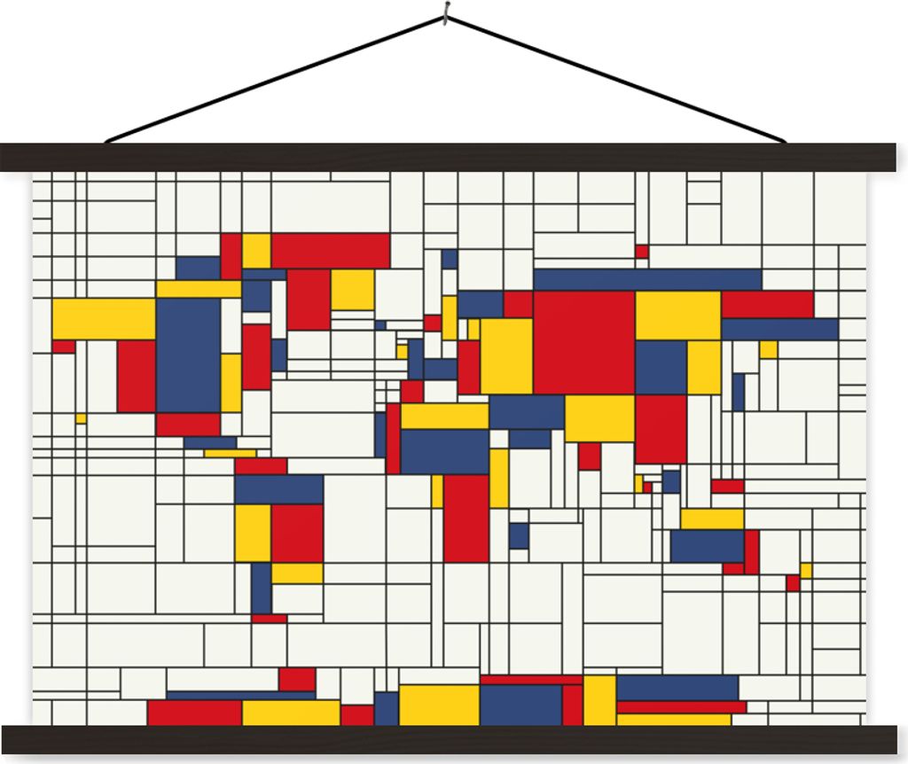MuchoWow Textilposter Weltkarte - Mondrian - Farben - Kinder - Junge - Mädchen - Kinder 120x80 cm mit schwarzem Rahmen - Wanddeko