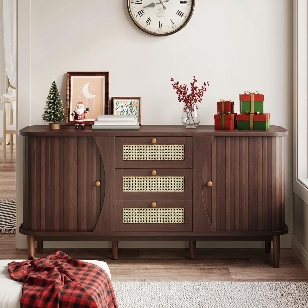 A wooden sideboard decorated for Christmas with gifts, a Santa figurine, and a Christmas tree.