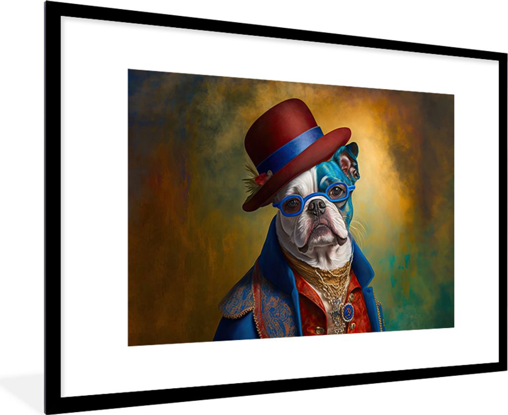 MuchoWow Gerahmtes Poster Hund - Porträt - Kleidung - Hut - Abstrakt 90x60 cm - Poster mit Schwarzem Bilderrahmen Wandposter Rahmen Foto Bilder ...