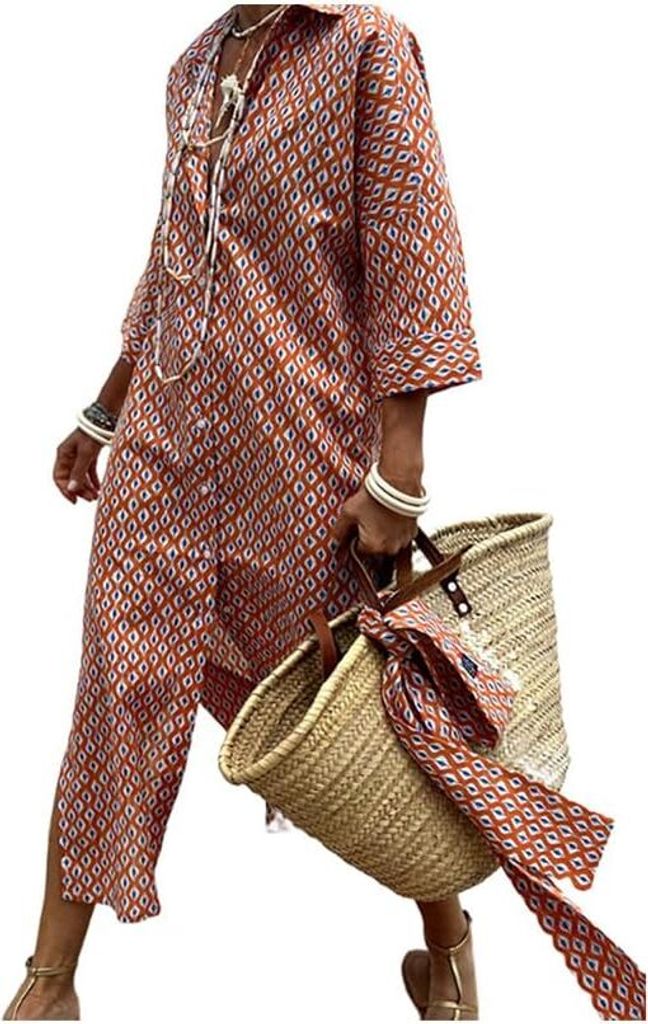 ASKSA Damen Sommer Vintage Button Down Hemdkleider Mit Langen aermeln Mode Gestreift Lose Taille Krawatte Freizeitkleider (Rot,3XL)