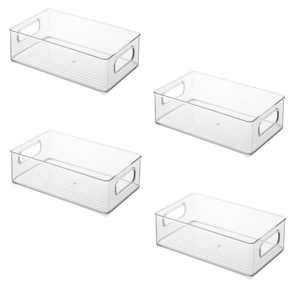 Four clear plastic storage bins are arranged in a grid on a white background.