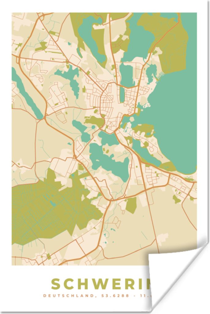 MuchoWow Poster Vintage - Stadtplan - Schwerin - Karte 60x90 cm - Wanddekoration