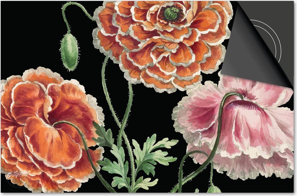 Induktionsschutz 83x51,5 - abdeckplatte Induktion matt- Dietrix Kochfeldschutz- DELUXE - Botanical - Rosen auf Schwarz