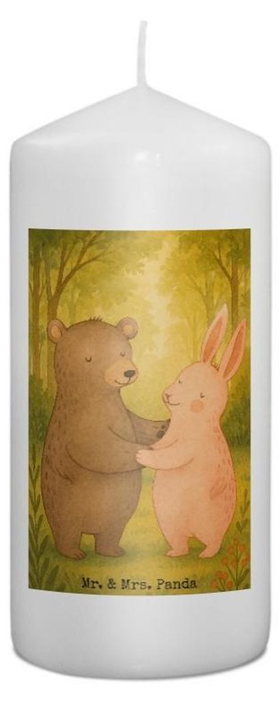 Mr. & Mrs. Panda Kerze Bär und Hase Umarmen Design 15 x 7 cm - Weiß - Geschenk, für Immer, Bedruckte, Beste Freundin, Freunde, Blockkerze, Stump...