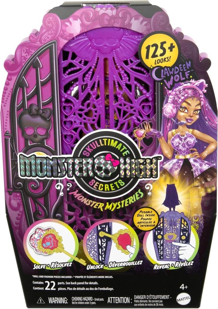 The image shows the packaging for a Monster High Skulltimate Secrets doll, featuring Clawdeen Wolf. The packaging is designed to look like a decorative door or cabinet, with intricate purple detailing and a window revealing the doll inside. There are also 
