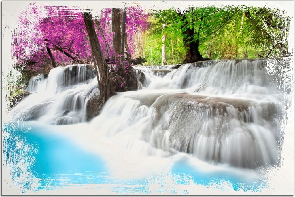 Kunstdrucke Wandbilder Holz in : Brillante Farben, Größe 60 x 90 cm Motiv Wasserfall in einem bunt gefärbten Wald