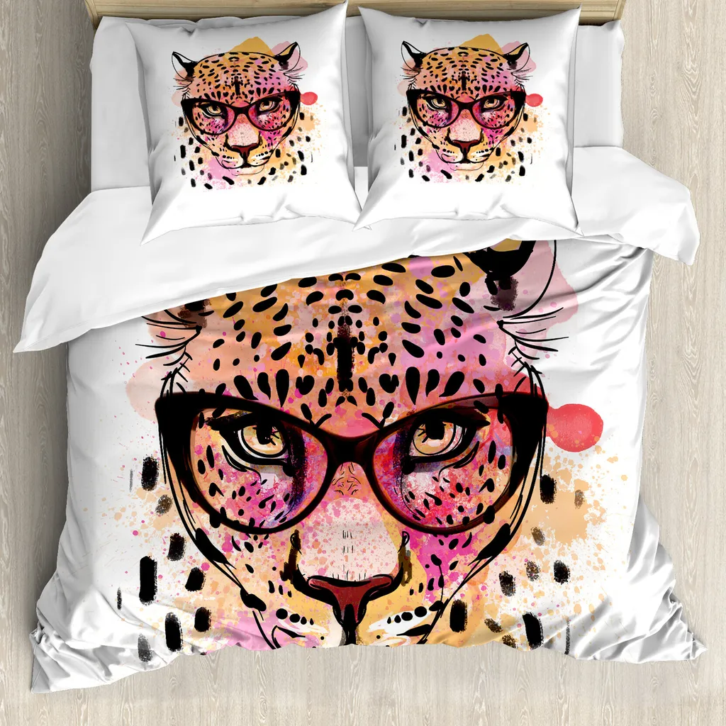 ABAKUHAUS Copripiumino per animali domestici, Modern Hipster Leopard, Antiacaro, Adatto a chi soffre di allergie, con federe, 155 cm x 220 cm - 80 x 80 cm, Arancione Marrone Rosa