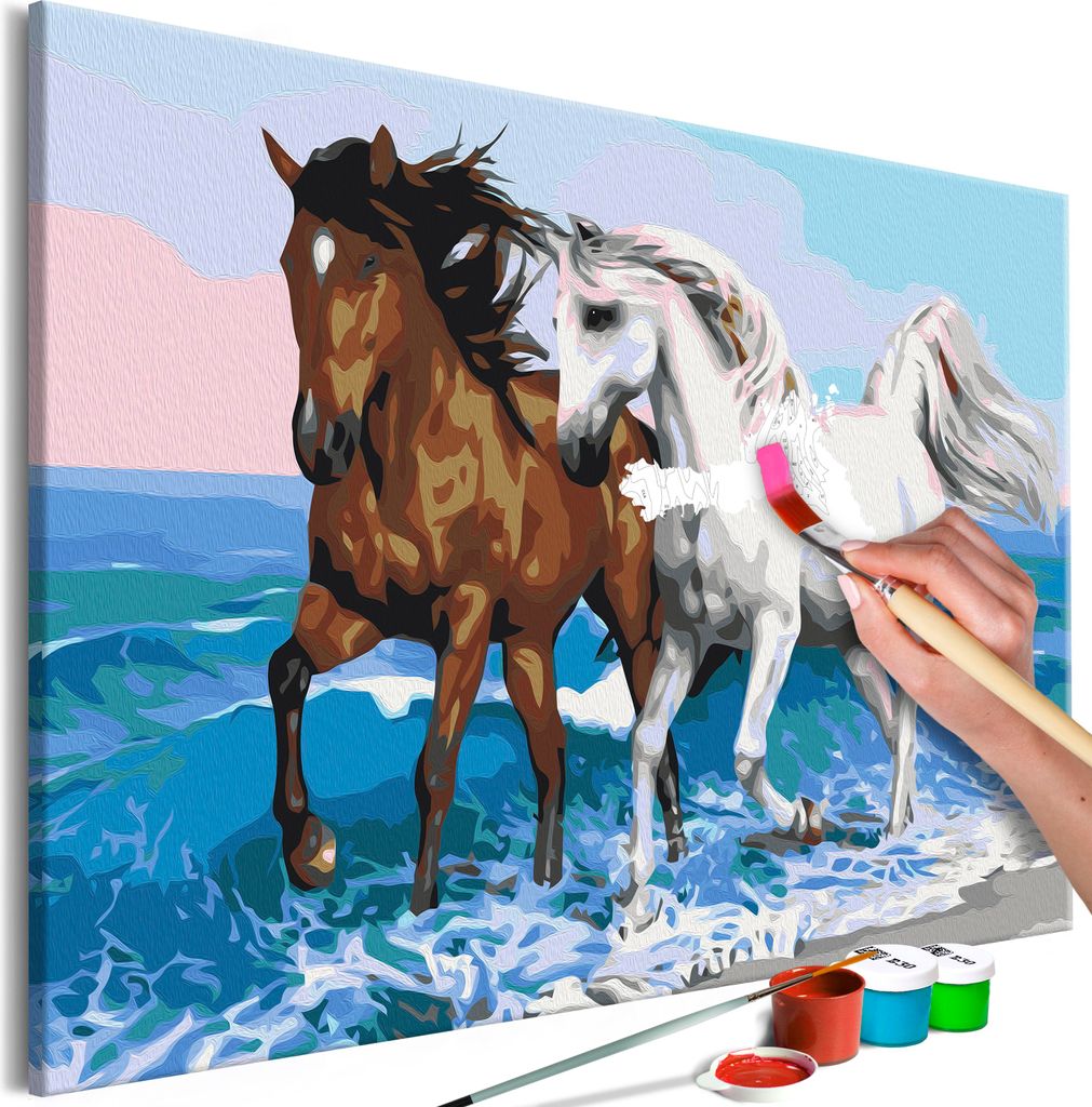 Malen nach Zahlen Pferde am Meer Strand Tiere 50x40 cm Malset mit Holzrahmen auf Leinwand für Erwachsene Kinder Gemälde Handgemalt Kit DIY