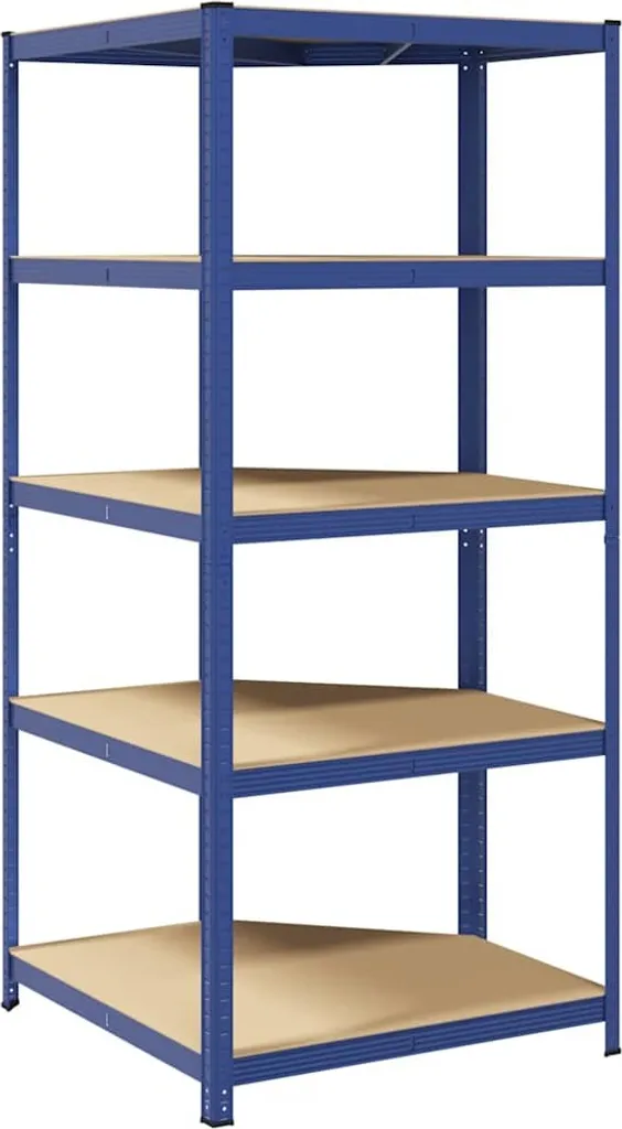 Étagère d'angle 5 tablettes bleu en acier et bois composite robuste