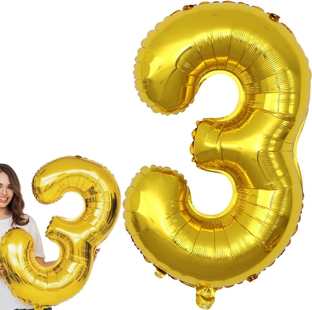 Folienballon Für Geburtstage, Silvester, Partys, Helium, Zahlendrei, 3, Golden, Gross 100Cm