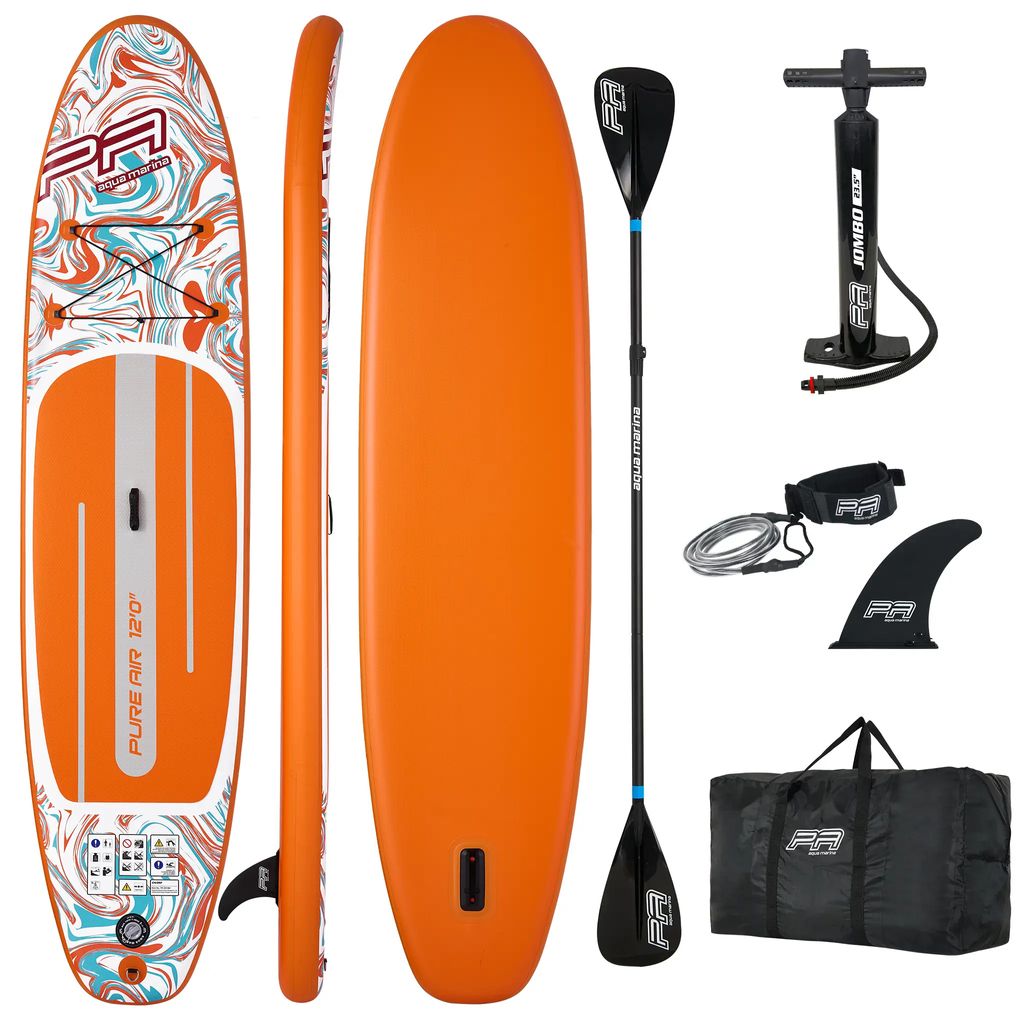 A collection of items for a stand-up paddleboard set, including the board from multiple angles, a paddle, a pump, a leash, and a carrying bag.