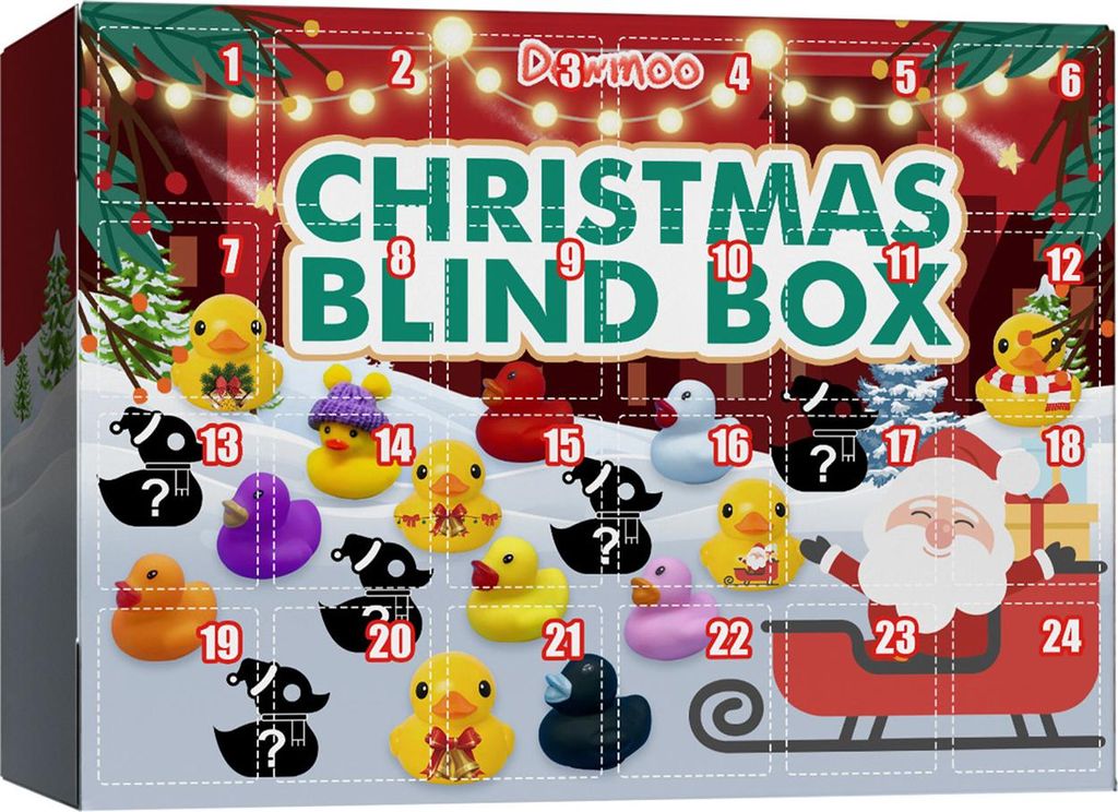 A Christmas advent calendar box with various rubber ducks displayed in front of it.