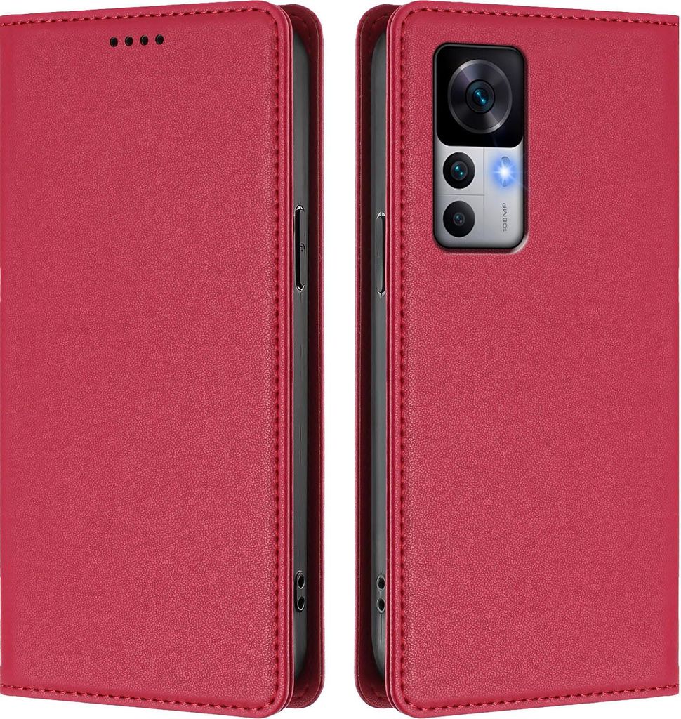 Handyhülle für Xiaomi 12T /Xiaomi 12T Pro, Kunstleder Klapphülle Stoßfeste Magnetische Hülle mit Ständer Rot