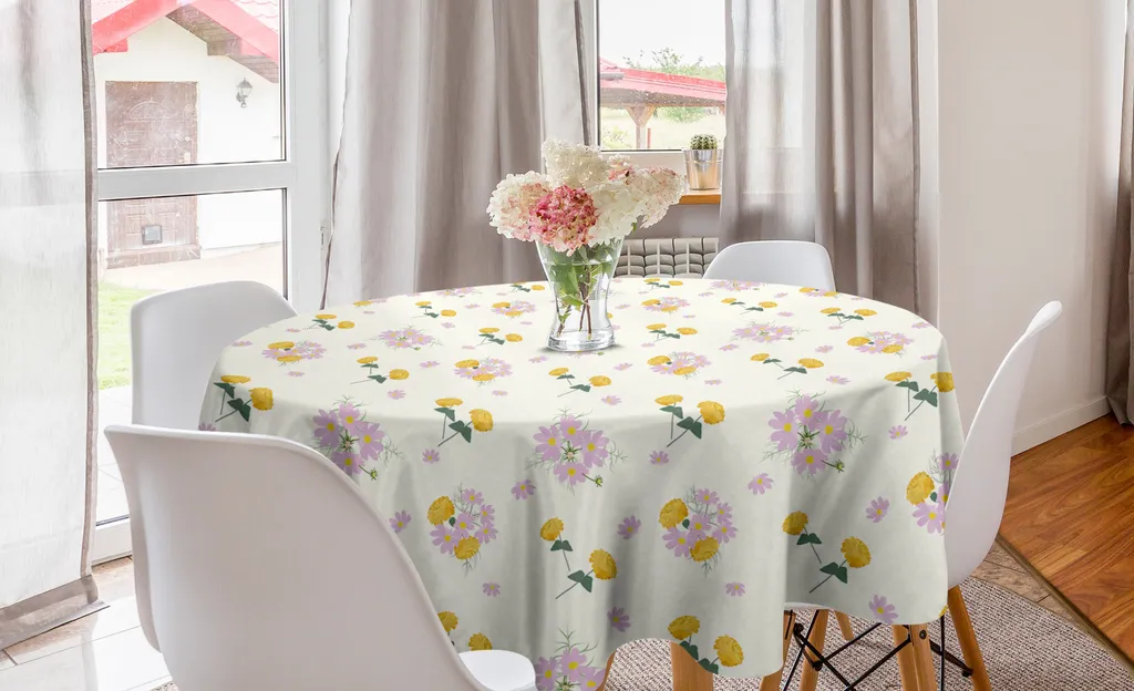 ABAKUHAUS Tovaglia Rotonda 150cm Fiori di Cosmea e Zinnia Senape