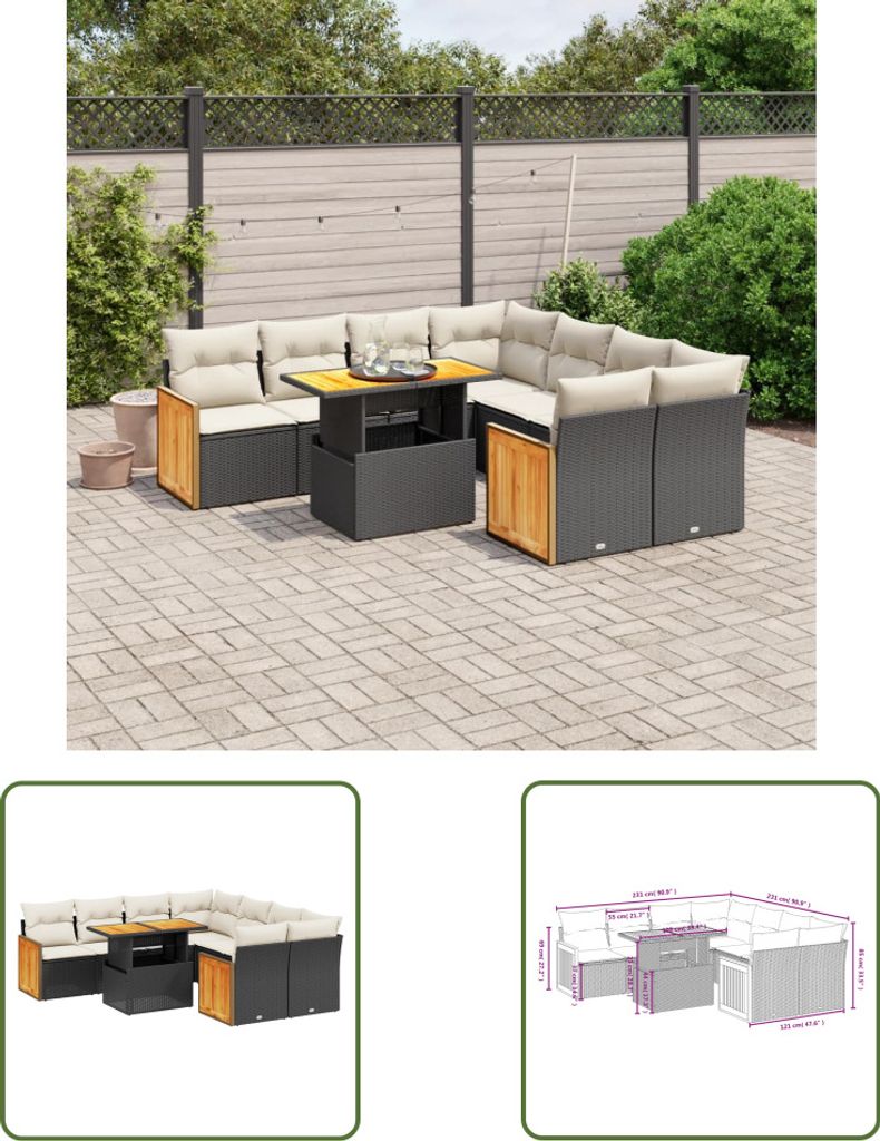 The Living Store 9-tlg. Garten-Sofagarnitur mit Kissen Schwarz Poly Rattan
