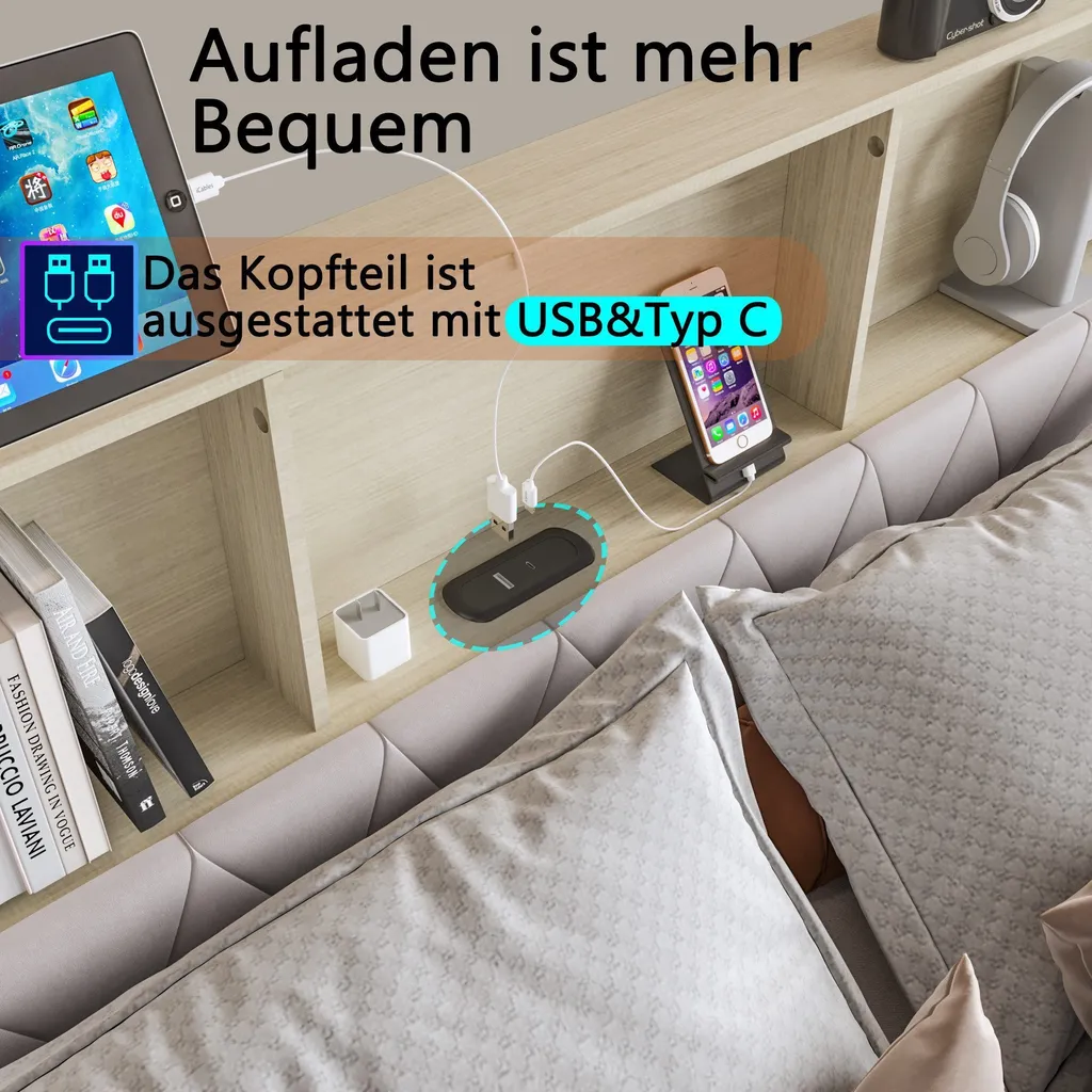 Lit double velours beige 160x200 avec prises USB-C et LED intégrées
