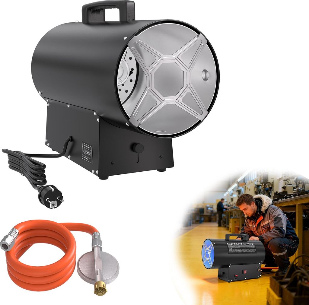 UISEBRT Gasheizgebläse 30kW - Mobiles Gas-Heizgerät mit Druckregler, Überhitzungsschutz & Schlauch für Werkstatt/Industrie