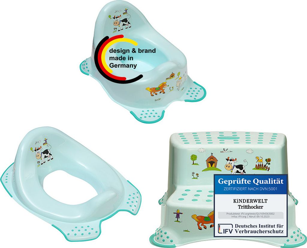 3er Z Set Funny Farm aquamarin: Kindertopf + WC Aufsatz + zweistufiger Hocker mit Anti-Rutsch-Funktion