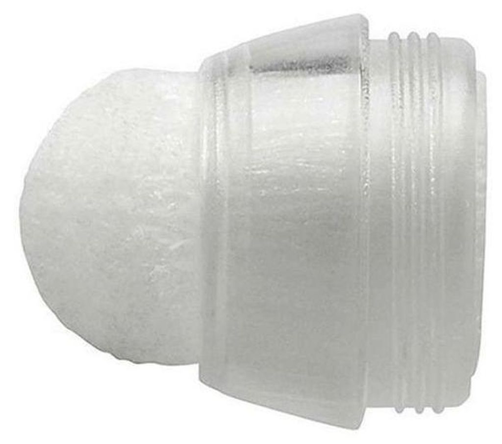 A close-up side view of a white felt tip for a stylus pen, attached to a clear plastic threaded connector.