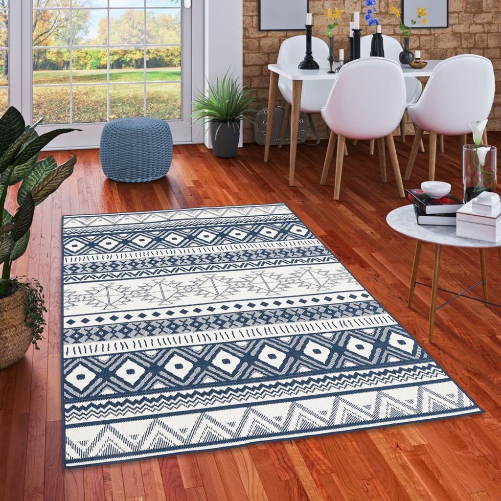 In- und Outdoor Teppich Beidseitig Cape Cod Ethno Blau Creme, Größe:120x160 cm