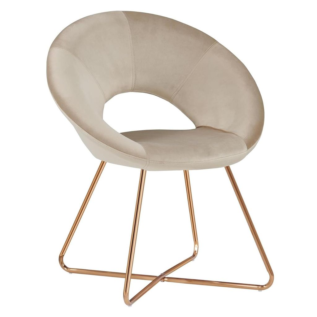 A beige upholstered chair with gold metal legs, presented on a white background.
