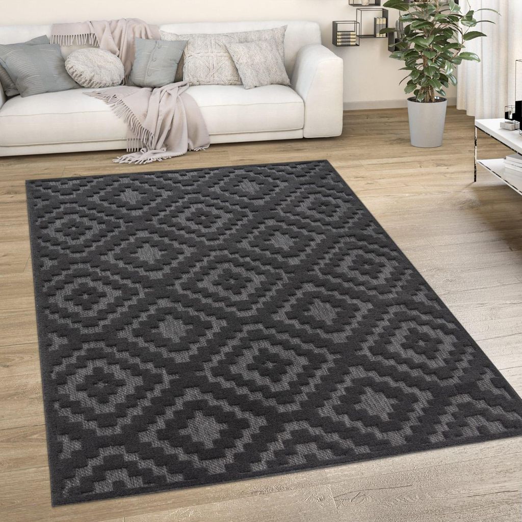 Teppich Kurzflor Struktur Rauten Wohnzimmer schmutzabweisend Anthrazit Läufer 80x150 | 100% Polypropylen | Florhöhe: 10 mm | pflegeleicht