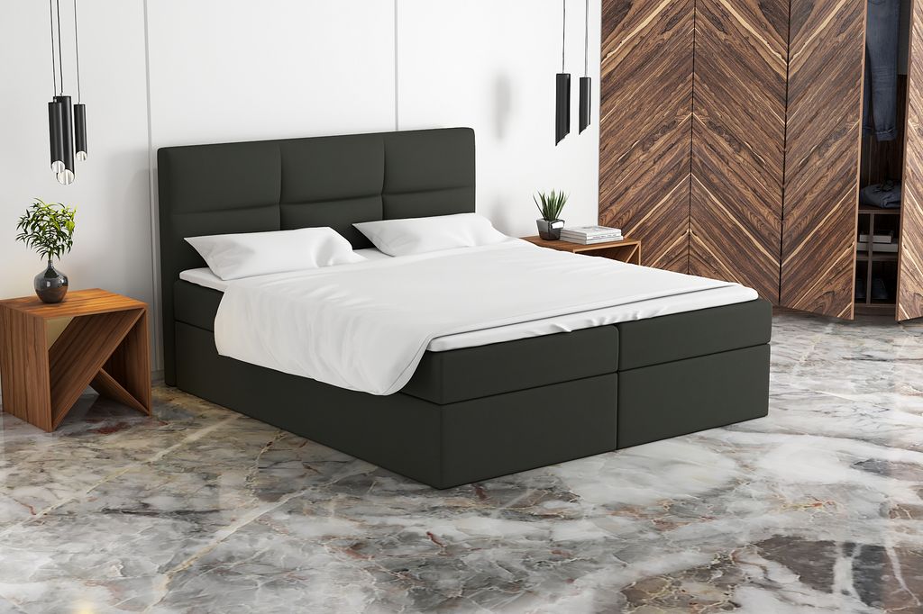 Boxspringbett GRIM 140 x 200 mit 2 Bettkästen, Bonell-Matratze und Topper. Farbe: Grau