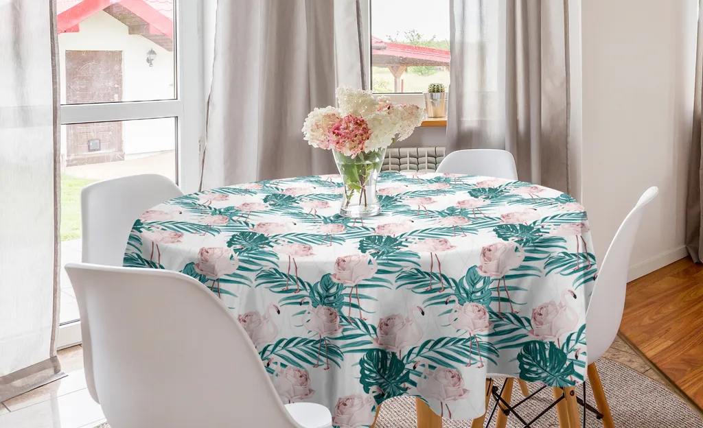 Highdi Fenicottero Tovaglia Rotonda Antimacchia, Tavolo Circolare Copertura Antipolvere Impermeabile Moderna Tovaglia Tonda per Buffet, Matrimonio, Ristorante, Festa (Piante Tropicali,Rotondo 120 cm