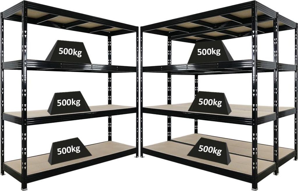 Mega Deal | 3x Profi Schwerlastregal Rhino | HxBxT 200x200x60cm | 4 Spanplatten-Ebenen 16mm | Fachlast 500kg | Schwarz