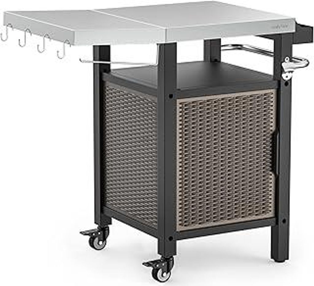 onlyfire Grilltisch Outdoor, Grillwagen mit Abklappbare Seitenablagen, Outdoor Servierwagen mit Rollen, BBQ-Tisch, Outdoor Beistelltisch, DREI Etag...