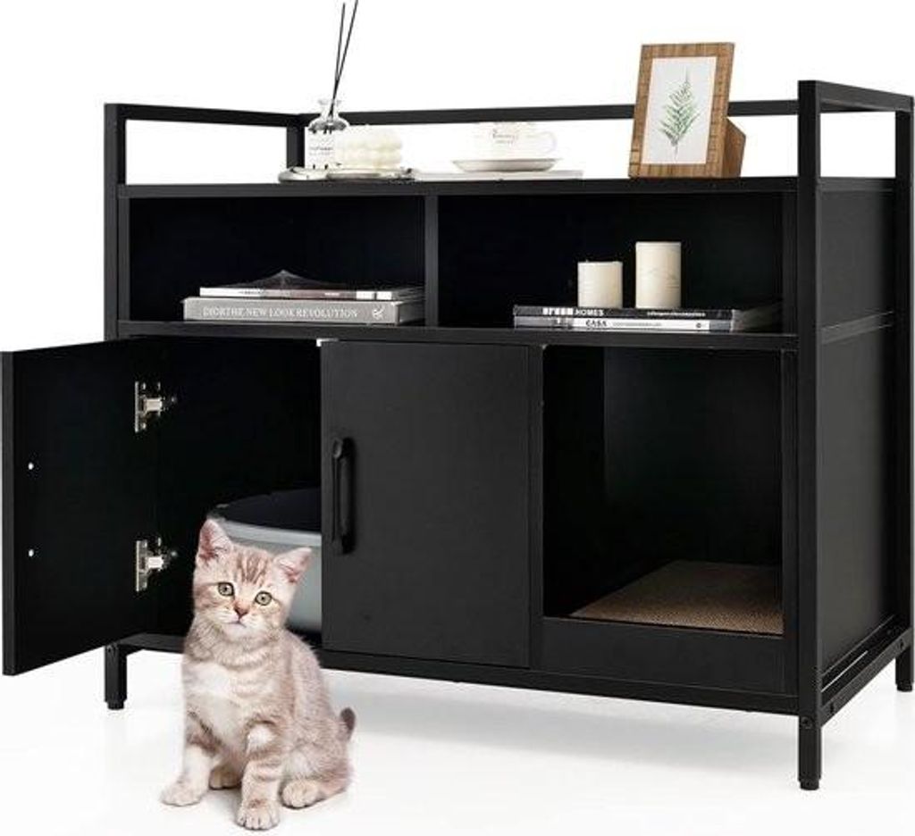 Katzenschrank, Katzentoilette mit Doppeltüren und Kratzpad, Katzenhaus mit offenem Regal und 2 Fächern, Katzenkorb, Katzentoilette, Schrank, für...