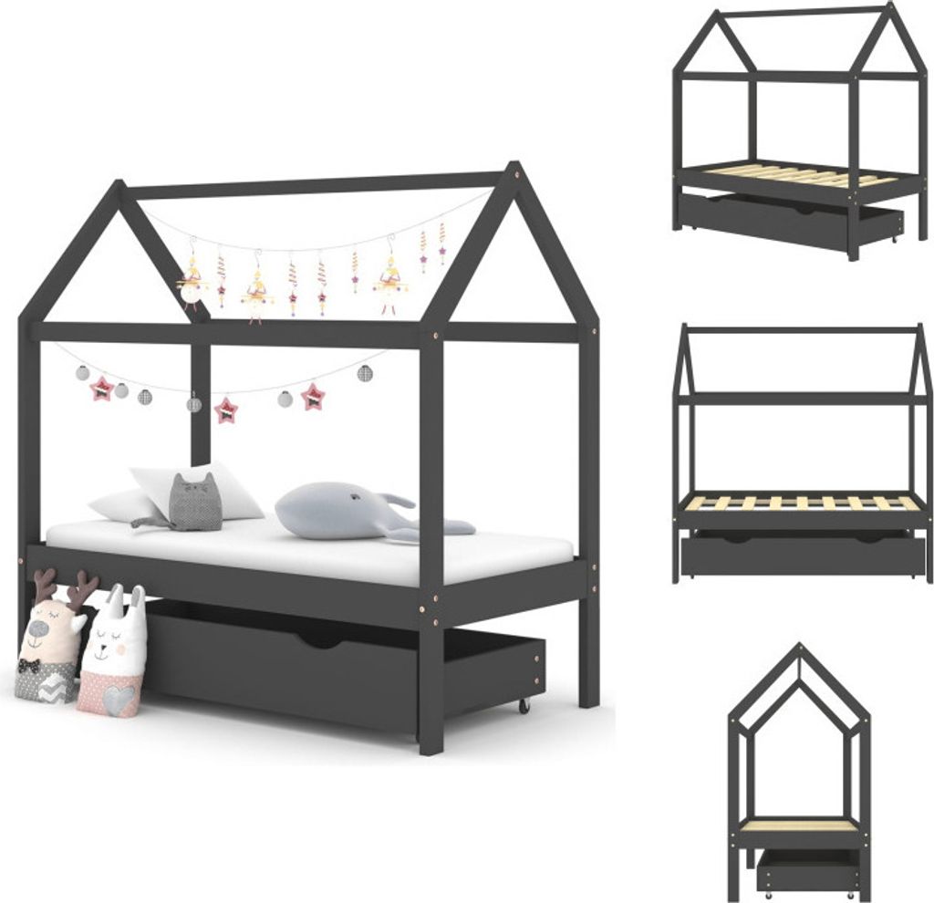vidaXL Kinderbett mit Schublade Dunkelgrau Massivholz Kiefer 70x140 cm - Baby- & Kleinkinderbetten