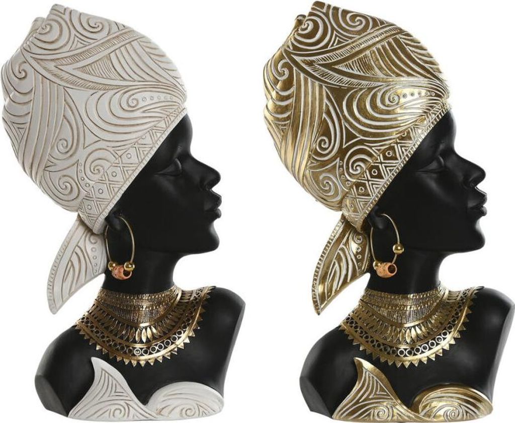 Deko-Figur Home ESPRIT Weiß Schwarz Gold Afrikanerin 22 x 11 x 37 cm (2 Stück)