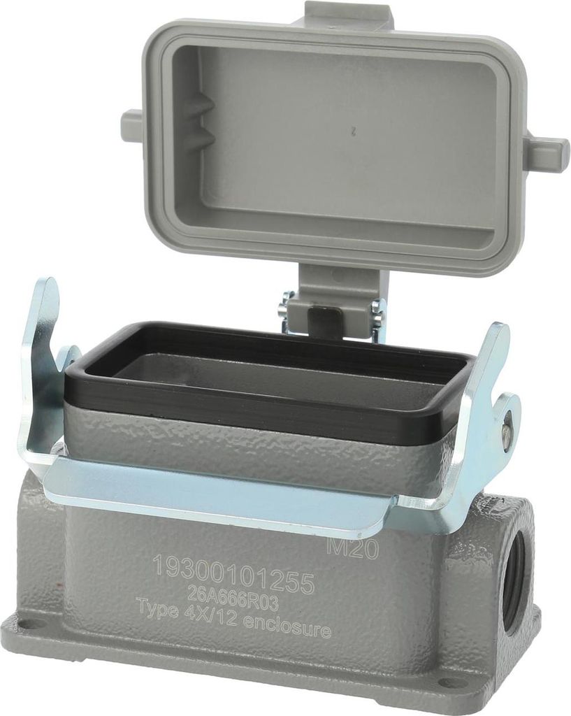 HARTING Han 10B Sockelgehäuse niedrig, 1xPG16 seitlicher Kabelabgang, mit 1 Längsbügel mit Schutzkappe Kunststoff - 1