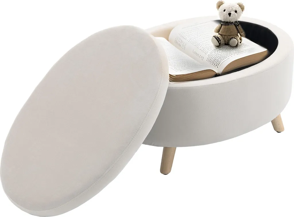 Tabouret de Rangement en Velours Beige avec Pieds en Bois Charge 120kg