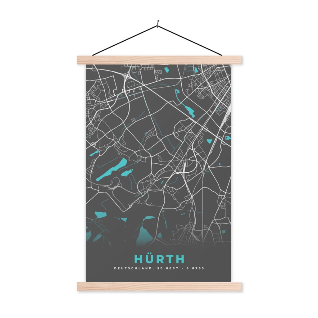 MuchoWow Textilposter Stadtplan - Hürth - Deutschland - Karte 40x60 cm mit holzfarbenen Rahmen - Poster