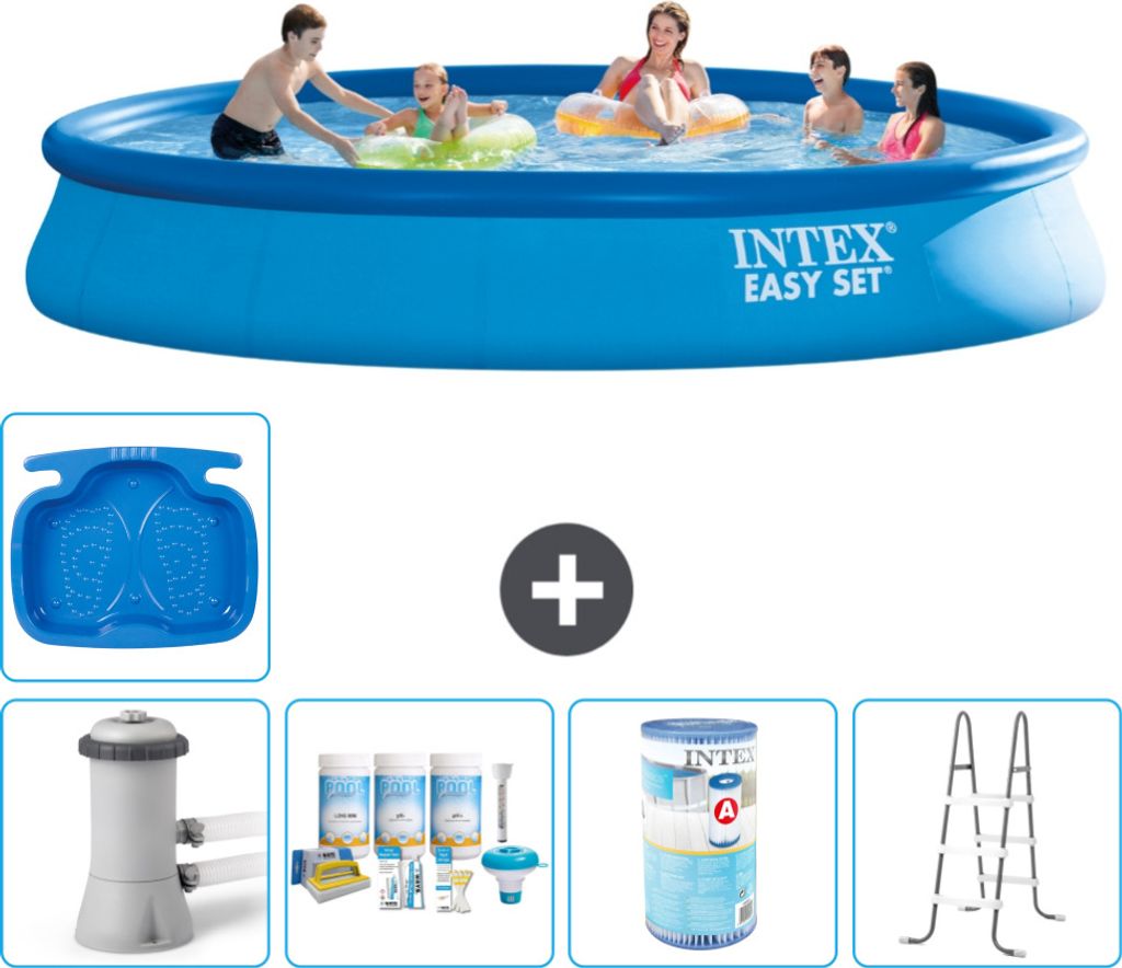 Intex runder aufblasbarer Easy Set-Schwimmpool – 457 x 84 cm – Blau – inklusive Pumpe Wartungspaket - Filter - Leiter - Fußbad