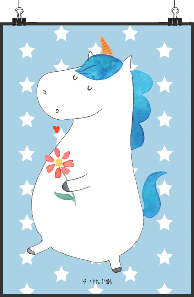 Mr. & Mrs. Panda Bild Einhorn Spaziergang DIN A2 - Blau Pastell - Geschenk, Gute Laune, Wandschmuck, Glitzer, Unicorn, drucke, wandkunst, Freundin,...
