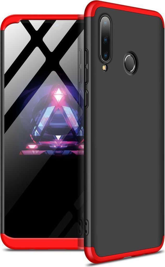 A black and red phone case is shown from a diagonal angle, with the phone screen visible on the left.