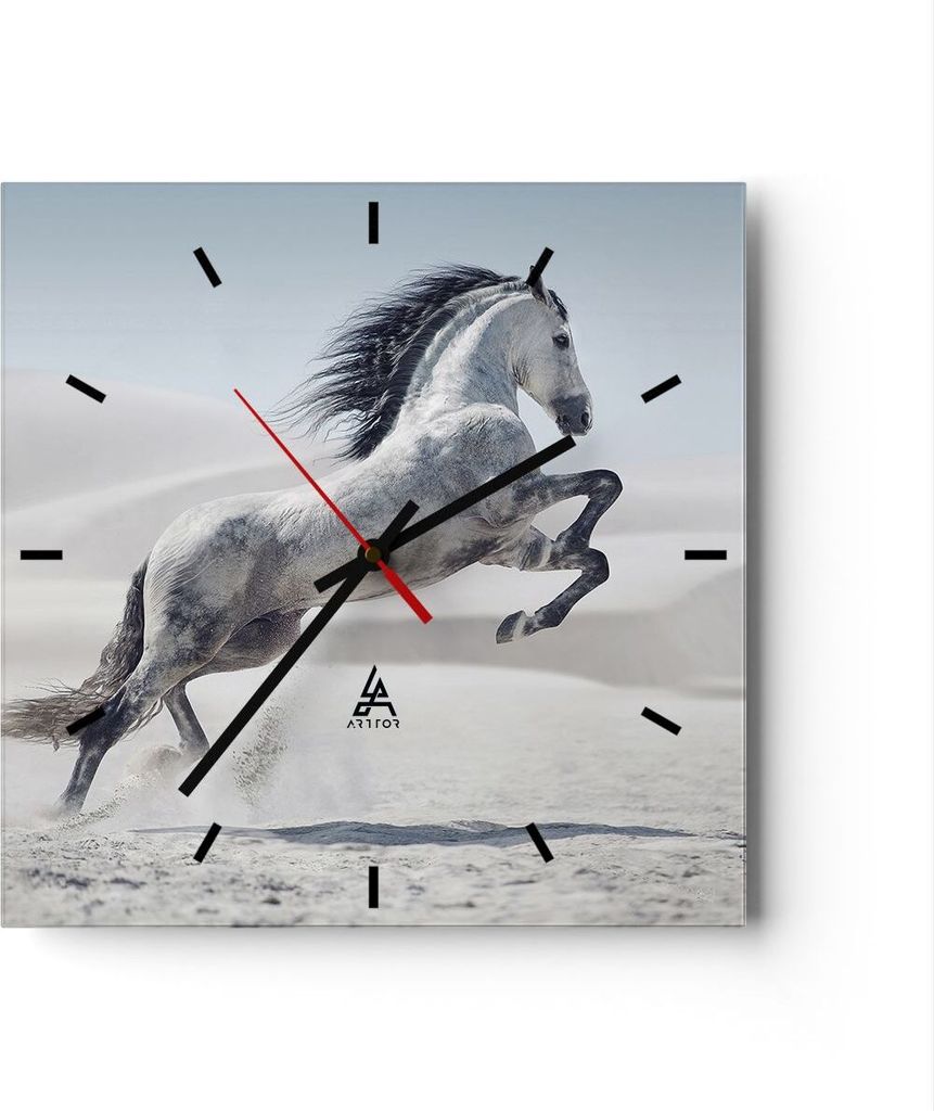 Wanduhr - Quadrat - Glasuhr - Pferd Tier Natur - 40x40cm - Schleichendes Uhrwerk - Lautlos - zum Aufhängen bereit - Dekoration Modern - Wanddekora...