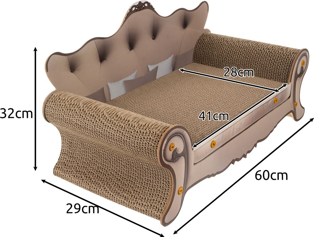 A product shot of a cat sofa bed with dimensions indicated.