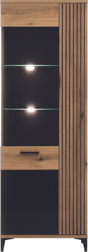 Furniture24 Vitrine links Aris AS7 Wohnzimmerschrank Vitrinenschrank 68x194x39 cm Evoke Eiche/Schwarz Glanz 3 Türen