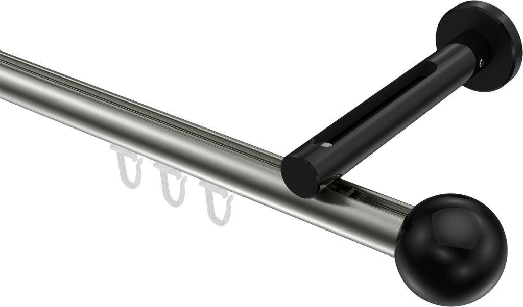 Interdeco Innenlaufstange / Gardinenstange mit Innenlauf Edelstahl-Optik / Schwarz, Typ Siteno Luino (Kugel), 20 mm Ø 1-läufig, 480 cm