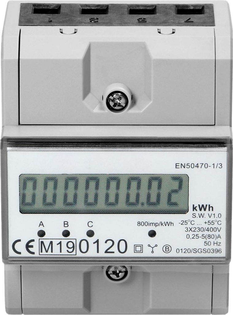 A close-up studio shot of a digital electricity meter.