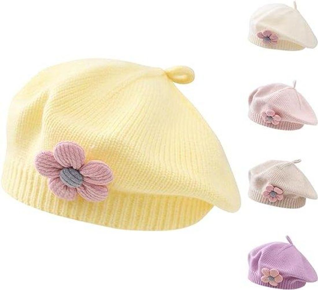 Kinderbaret Winter, warme, gebreide, schattige bloemen, baby, baret, geel